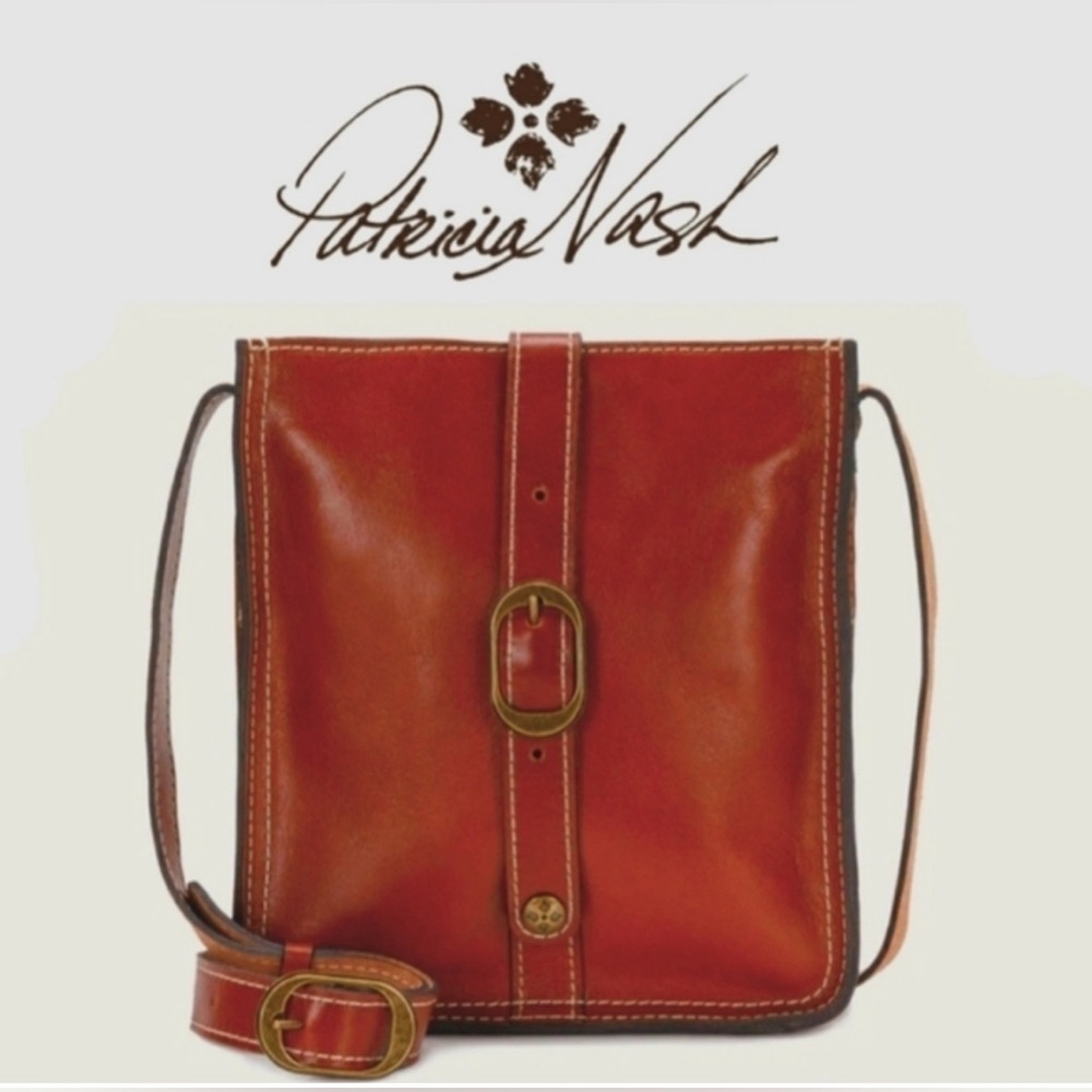 Patricia Nash Venezia Tan Leather Pouch Slim Crossbody Bag Euc